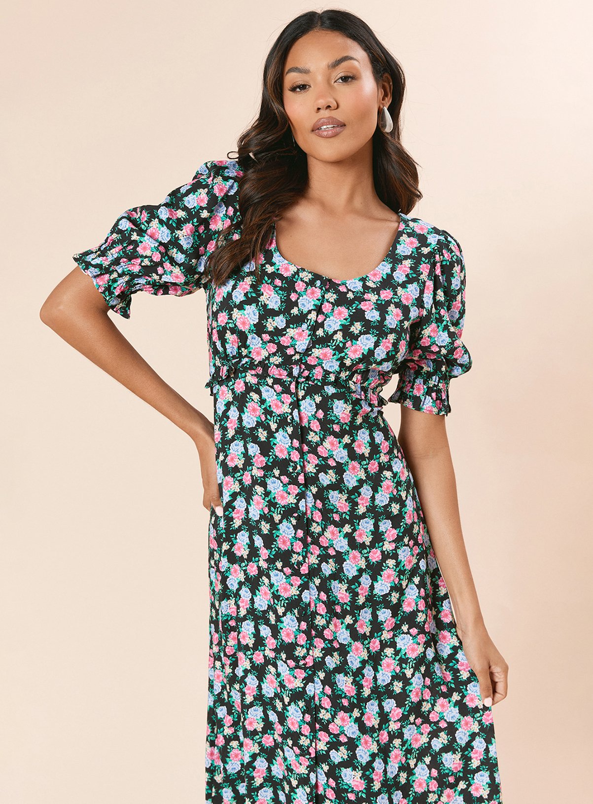 DOROTHY PERKINS Floral Button Front Puff Sleeve Midi Dress 10 - Image 2 thumbnail